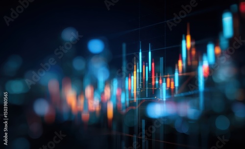 Abstract Stock Market Data Visualization Glowing Blue, Orange, and Red Candlestick Charts on Dark Background