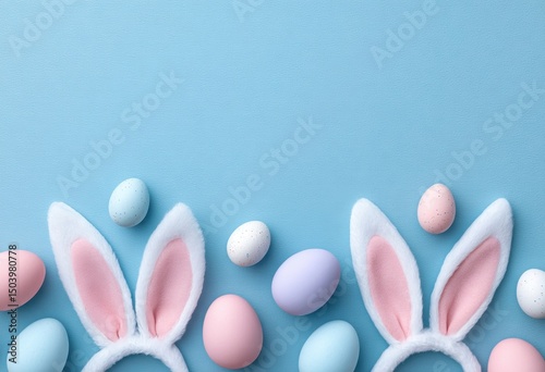 Pastel Easter Eggs and Bunny Ears Headband on Light Blue Background Festive Spring Holiday Decoration