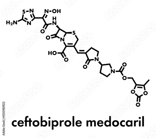 Ceftobiprole medocaril antibiotic drug molecule. Skeletal formula.