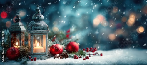 Festive Christmas Lanterns with Snow, Candles, and Red Ornaments in a Winter Scene