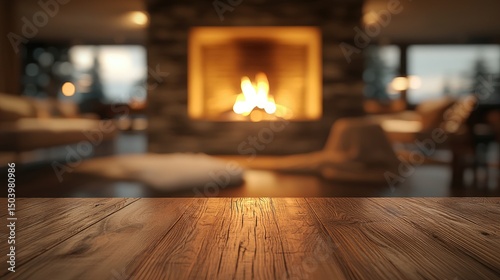 Cozy Wooden Table Surface in Front of a Blurred Fireplace