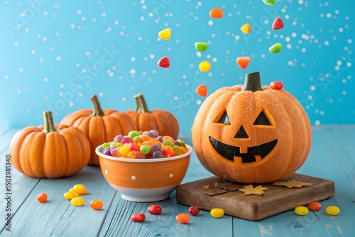 Cheerful Halloween Candy Bowl with Jack-O'-Lantern Face and Flying Sweets in Minimalist Style photo