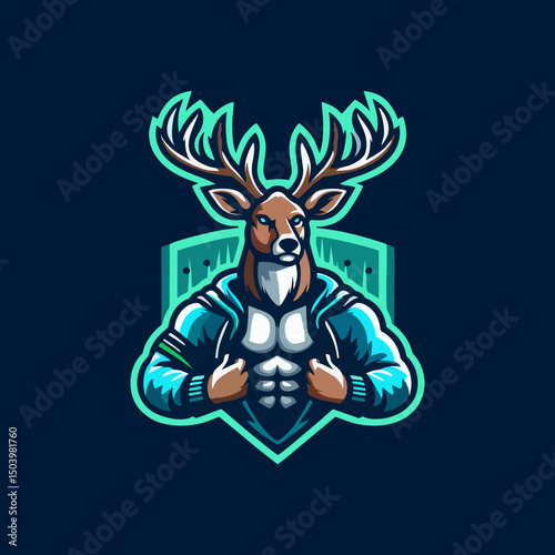 Modern Vector Cartoon Illustration of Deer Mascot Character with Antlers for Logo Design Wildlife Art Poster Digital Print Emblem Badge Icon and Funny Woodland Animal Series
