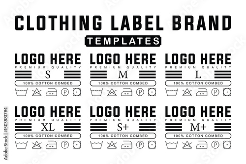 Clothing Label Template with Care Icons and Size Variants. Editable Hang Tag Design for Apparel Branding