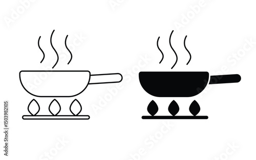 frying pan with steam icon set. flat and line style set. representing cooking and kitchen activities. vector illustration.