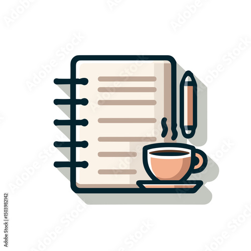 Notebook with pen and coffee in flat design with soft colors  