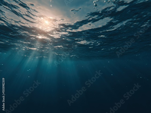 Underwater Scene Sunbeams Illuminate Deep Ocean Water, Creating a Dramatic and Serene Atmosphere