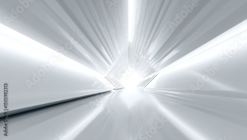 Abstract White Architectural Corridor with Bright Light at the End, Modern Futuristic Design, 3D Render