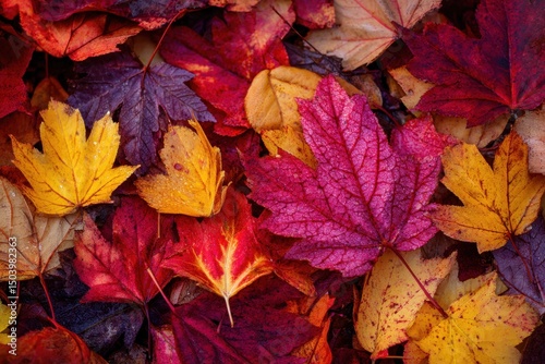 Vibrant Autumn Leaves Background A Close-Up of Red, Yellow, and Purple Fall Foliage