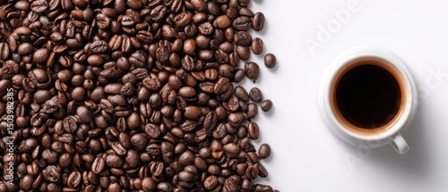 Aromatic Espresso Coffee Beans and Cup A High-Angle View of Roasted Coffee Beans Beside a Small White Cup Filled with Espresso.