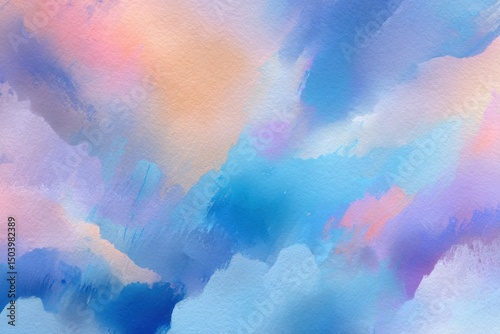 Abstract Pastel Watercolor Painting Soft Blue, Pink, and Purple Hues Blend in a Dreamlike Landscape