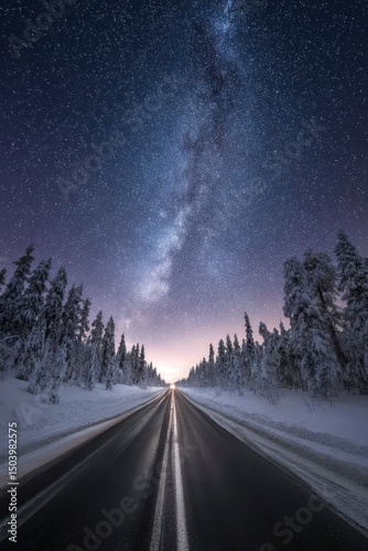 Winter Road at Night Under the Milky Way Galaxy, Snow Covered Trees Line a Dark Asphalt Highway Leading to a Distant Light Source.