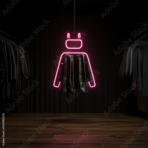 Neon Light Display of Clothing on Hanger in Dark Retail Space