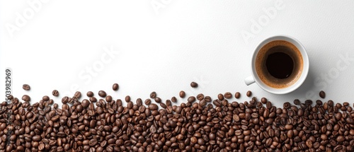 Aromatic Espresso Coffee Cup and Roasted Beans on White Background – High-Quality Image for Cafe Menu or Coffee Packaging Design
