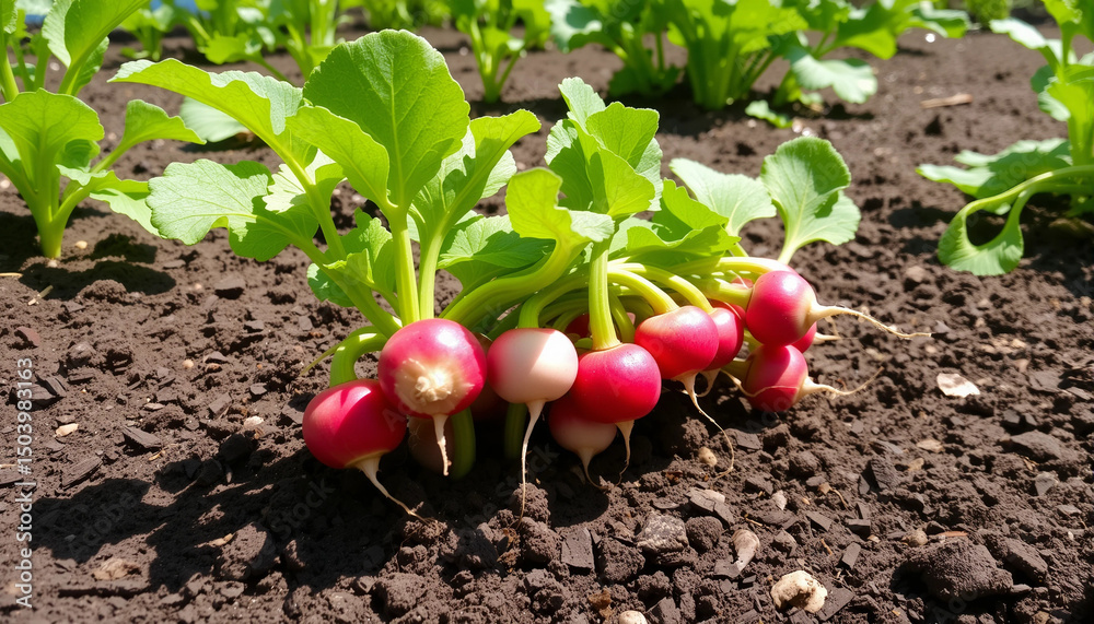 Fresh radishes emerge from rich soil, showcasing vibrant colors and healthy greens in a sunlit garden setting. Fresh radishes emerge from rich soil, showcasing vibrant colors and healthy greens in a sunlit garden setting.