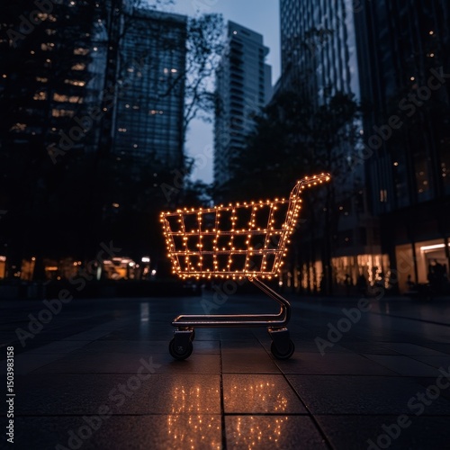 Illuminated Shopping Cart at Night in Urban Setting with Twinkling Lights
