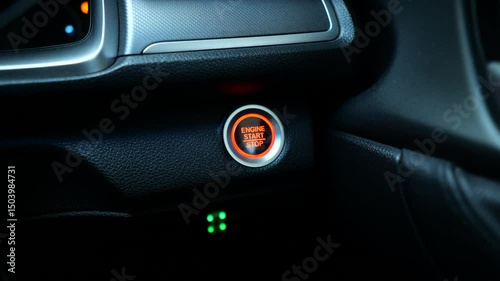 Close-up shot of a finger pressing a car's engine start button, showcasing modern automotive technology and convenience for seamless ignition in a luxury vehicle interior.