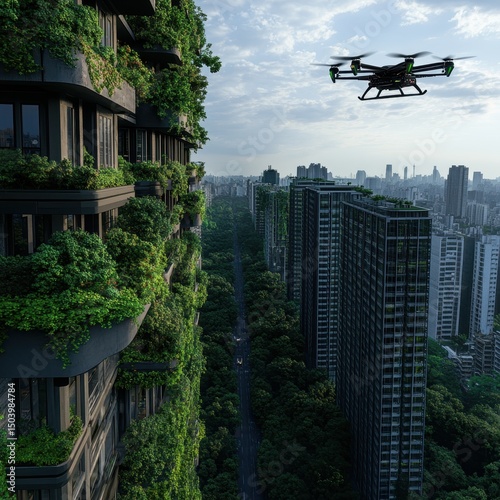 Aerial Drone View of Urban Landscape with Green Building Facade