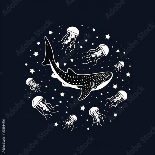 blue whale night scenery line art illustration premium quality