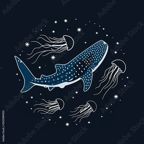 blue whale night scenery line art illustration premium quality