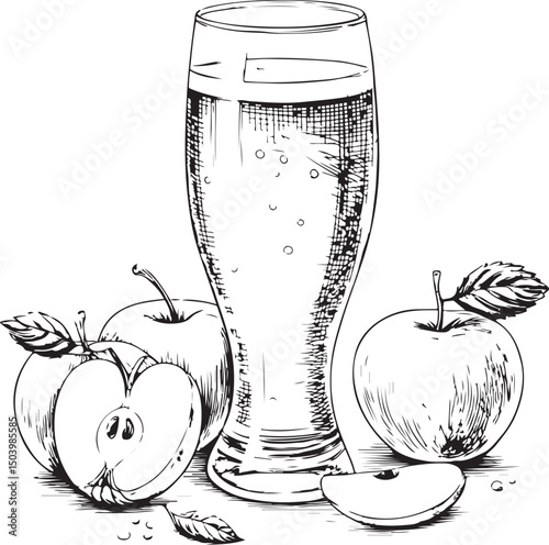Apple Cider, Vector Illustration, Sketch Drawing Line Linear Symbol Icon Engraving Coloring Book, Hand-drawn Black and White Isolated