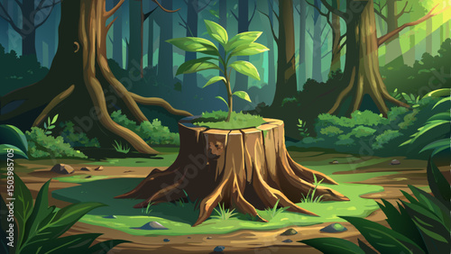 A young sapling grows from the center of an old, moss-covered tree stump in a quiet forest