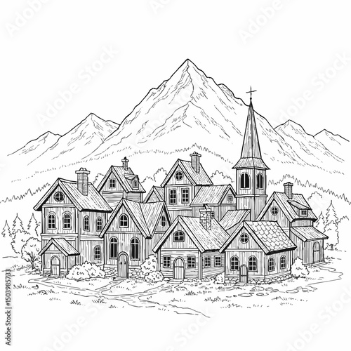 Fairytale-style Nordic village with pointed roofs and tiny chimneys
