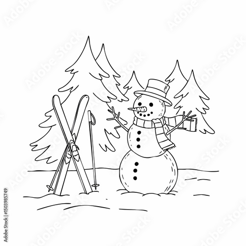 Snowman with skis leaning nearby, forest background