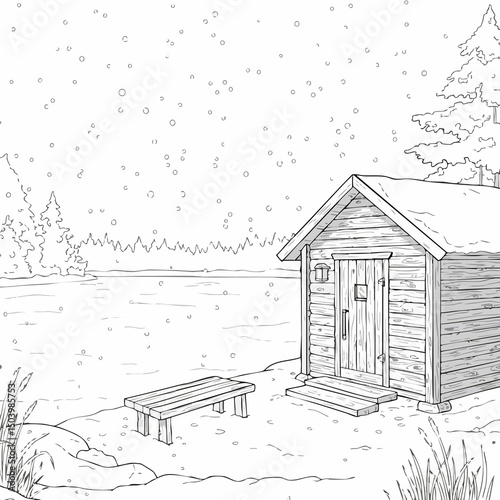 Traditional Scandinavian sauna house near a frozen lake