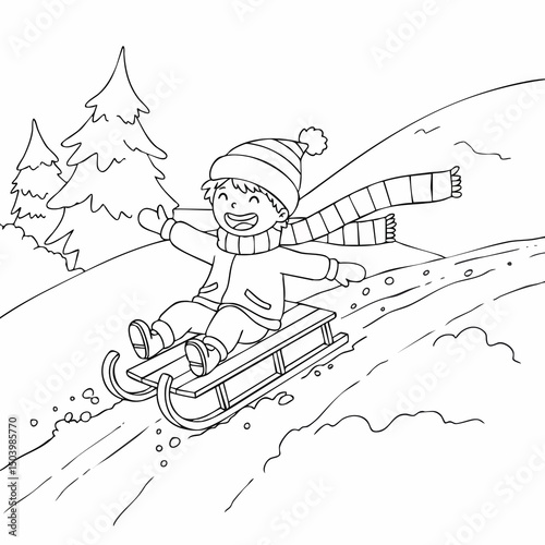 Child sledding down a snowy hill, scarf flying in the wind