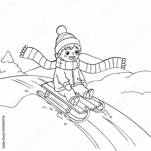 Child sledding down a snowy hill, scarf flying in the wind