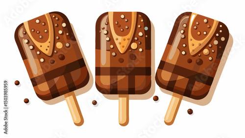 Chocolate ice cream bars on sticks, rich and creamy, make perfect summer treats and snacks. Their smooth texture and classic flavor add charm to any dessert-themed vector collection. white background