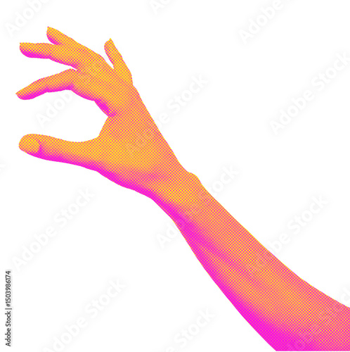 Yellow Pink Halftone hand gesture as collage graphic element. Vintage punk grunge arm dotted pattern stickers.