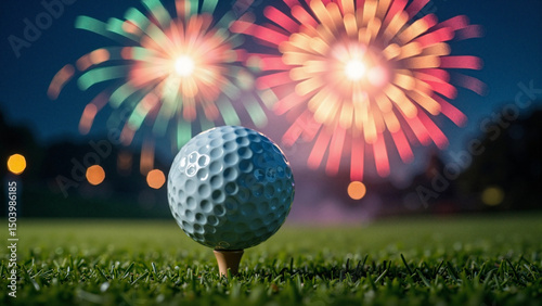 Wallpaper Mural A stunning stock photo of a white golf ball on a tee with vibrant fireworks in the background, perfect for holiday golf promotions and events. Torontodigital.ca