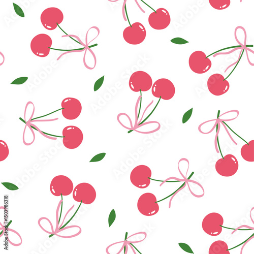 Seamless pink cherries and bows pattern. Vector illustration for fabric, home décor and textile.