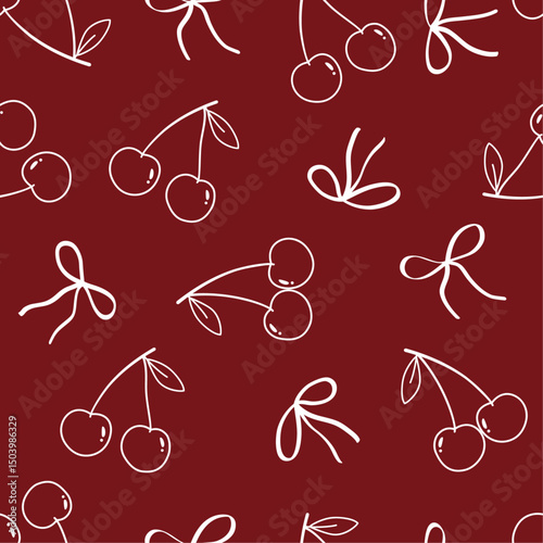 Seamless hand drawn bows and cherries pattern. Trendy print. Design for wrapping paper, background, fabric, textile, home decor.