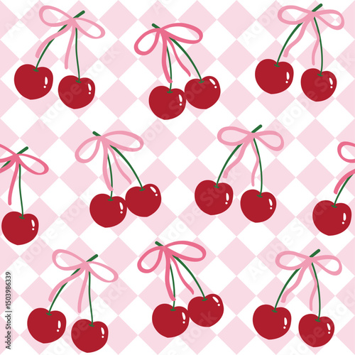 Seamless coquette cherries heart and ribbon bow check pattern. Vector illustration for textile wallpaper backdrop.