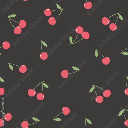 Seamless red cherry pattern design on black background. Flat cherry vector illustration for fabric, home décor and textile.