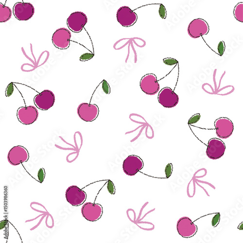 Seamless coquette pixel cherry and bow pattern. Vector illustration for fabric, home décor and textile.