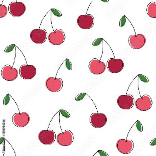 Seamless pixel art cherry pattern. Vector illustration for textile wallpaper backdrop.