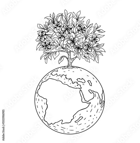 Sketch planet Earth with green tree. For Earth day, World environment day and sustainable development concept, ecology