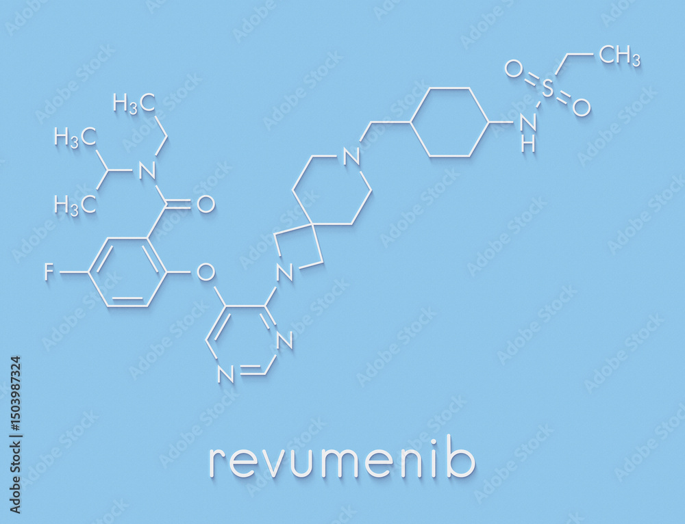 Fototapeta premium Revumenib oncology drug molecule. Skeletal formula.