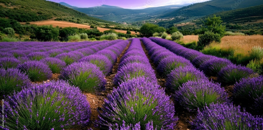 Fototapeta premium Lavendar Fields in Bloom Under a Vibrant Sunset in Southern France