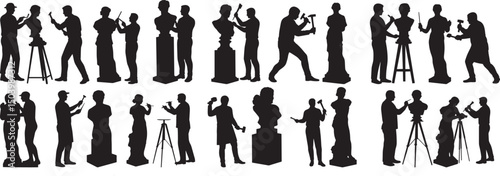 Silhouette art of sculptors creating sculptures, carving stone and shaping artistic creations, vector