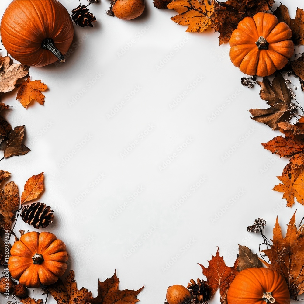 Fototapeta premium Autumn Harvest Display With Pumpkins and Colorful Leaves on a Neutral Background