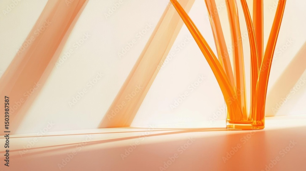 Close-up of a glass vase with orange straws in it. the vase is placed on a white surface with a white background. Close-up of a glass vase with orange straws in it. the vase is placed on a white surface with a white background.