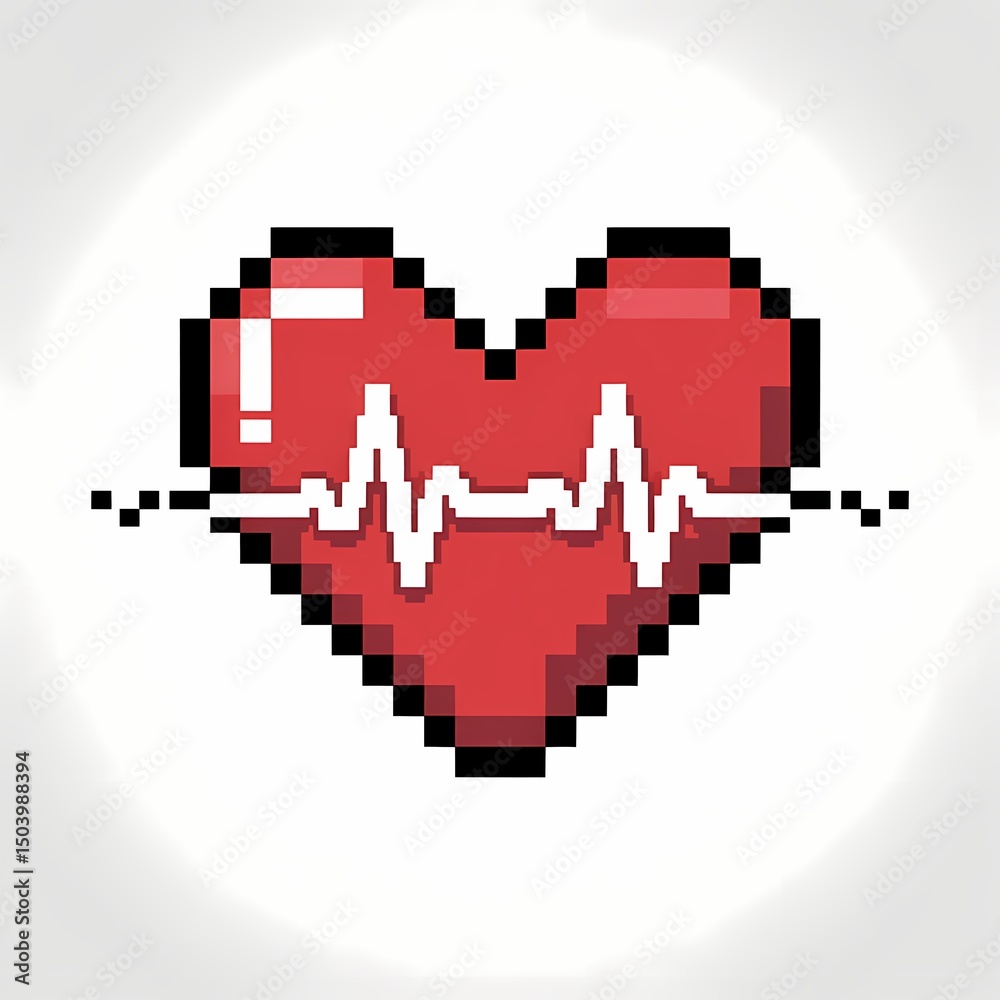 Obraz premium Pixelated Pulse: A vibrant, pixelated heart with a prominent, dynamic heartbeat graphic embodies the essence of life and vitality in this striking digital artwork.