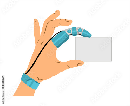 Bionic prosthetic index finger. Robotic prosthesis. Human hand. Limb with prosthetic finger. A hand with the help of a bionic prosthesis holds a card. Medical innovation.