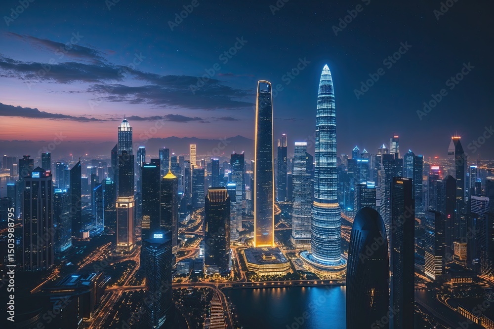 Obraz premium Metropolis Skyline at Night Illuminated Modern Skyscraper Design