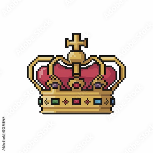 Pixelated Golden Crown: A detailed, golden crown, meticulously pixelated, rests majestically, adorned with jewels, symbolizing royalty, power, and elegance.